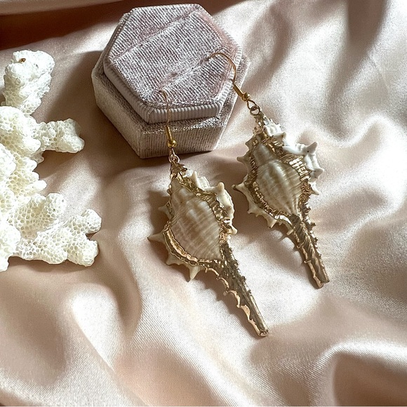 Sea Snail Shell Gold Plated Hook Earrings - Picture 3 of 9